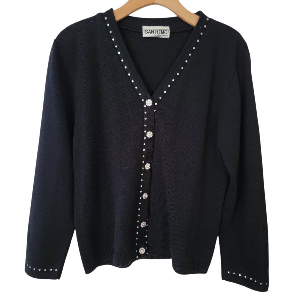 SAN REMO BY LAURA‎ KNITS Cardigan Sweater Black Rhinestone Trim Buttons Sz S Vtg